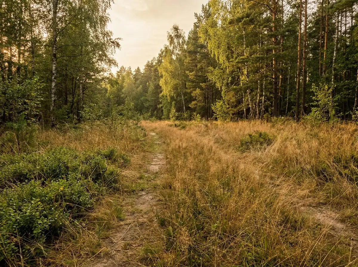 Pfad durch hohes trockenes Gras am Waldrand — klassisches Zeckengebiet