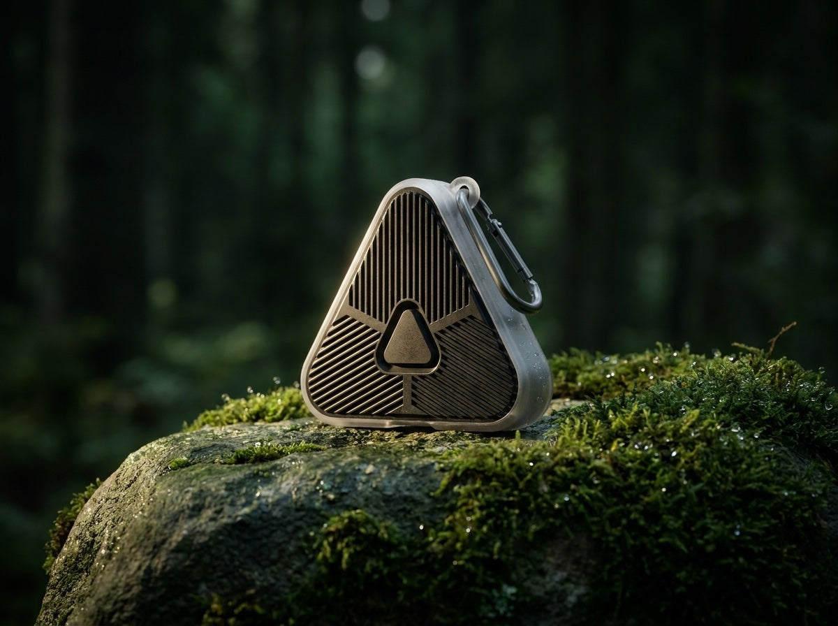 Eoka fästingclip med karbinhake på en mossbeklädd sten i skogen